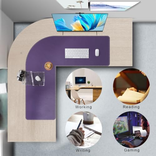 Mydours L-Shape Desk Pad, (38"+38") x13 Large PU Leather Corner Mat, Purple