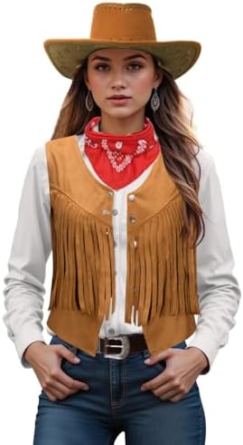 Women Cowgirl Costume Western Vest Hat Belt Set for Cowgirl Cowboy Halloween Cosplay