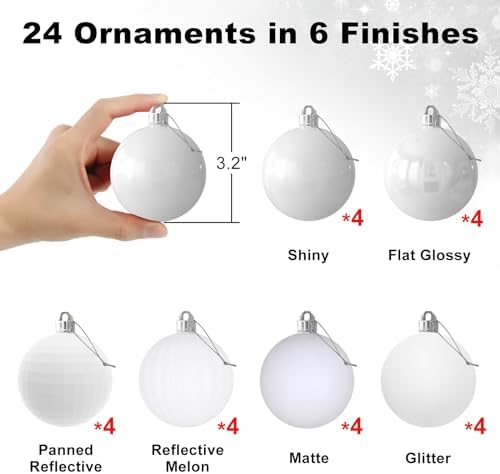White 3.2" Large Christmas Balls - Christmas Tree Decoration Ornaments Shatterproof Hanging Balls for Birthday Halloween Holiday Wedding Decorations Set of 24pcs