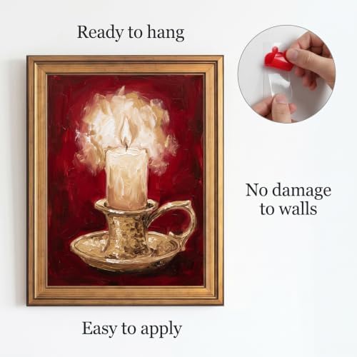 Framed Canvas Wall Art Painterly Glowing Candle Brass Holder Red and Gold Impasto Art Canvas Print Poster Gold Frame Wall Decor for Living Room Warm Ambiance, Traditional Decor - Inch 16x20