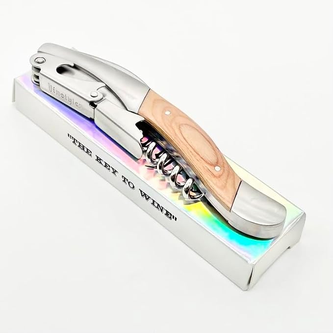 Solid Oak & Stainless Steel Wine Opener With Two Step Cork Pull Lever, Five Spiral Worm and Serrated Knife, Heavy Weighted Feel and Quality Construction. The Superior Waiter's Corkscrew.