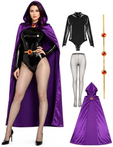 Raven Costume Set for Women with Hooded Cape Bodysuit and Gem Belt