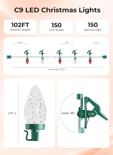 Brightown Christmas Lights Outdoor, 102FT 150LED C9 String Light with Clips