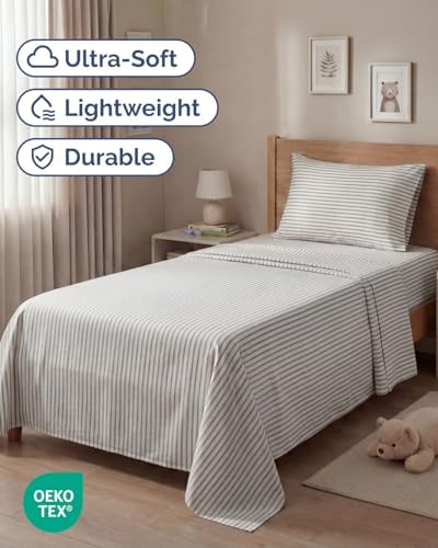 Twin Size 3 Piece Sheet Set - Breathable & Cooling Sheets - Grey Stripes