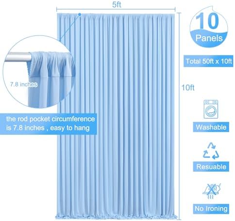10 Panels Baby Blue Backdrop Curtain for Baby Shower Parties Wrinkle Free Light Blue Curtains Backdrop Drapes Fabric Decoration for Birthday Party Photography 50ft x 10ft