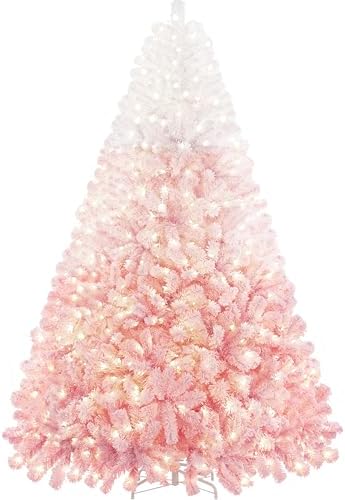 Yaheetech 9ft Prelit Flocked Christmas Tree, Pink & White, 900 Lights