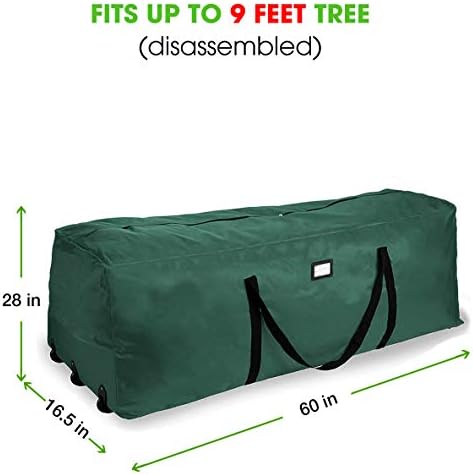 Rolling Tree Storage Bag, Fits Up to 9 ft. Disassembled Holiday Tree, 28" Height X 16" Wide X 60" Long, Extra Large Heavy Duty Storage Container with Wheels and Handles (Green)