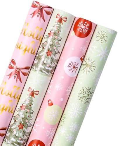 WRAPAHOLIC 30 Inch Christmas Wrapping Paper Roll - Jumbo Roll Light Green and Pink Christmas Tree, Snowflakes and Holly Red Bow Wrapping Paper - 4 Rolls - 30 Inch x 120 Inch Per Roll