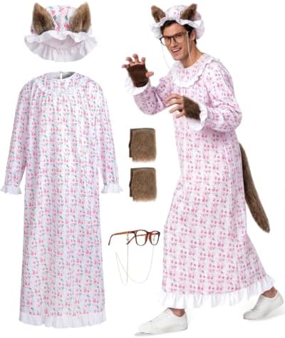Big Bad Wolf Costume Adult, 5-Piece Granny Wolf Outfit for Men and Women