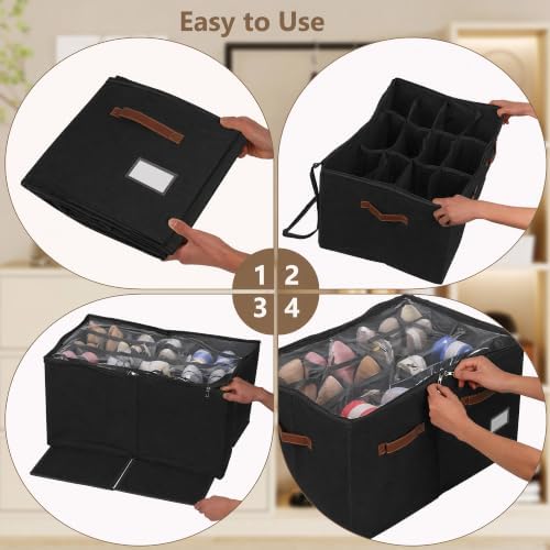 Shoe Organizer for Closet, 2 Pack Shoe Storage Bins Foldable Shoe Storage Box Containers with Clear Cover and Sturdy Handles, Shoe Rack for Closet Storage for Sneakers Heels Slippers, Fit 12-24 Pairs