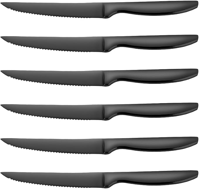 SuperCook Black Steak Knife Set of 6, Serrated Steak Knives, Stainless Steel Steak Knives Set, Kitchen Steak Knife, Dishwasher Safe