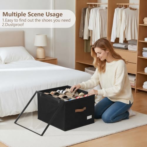 Shoe Organizer for Closet, 2 Pack Shoe Storage Bins Foldable Shoe Storage Box Containers with Clear Cover and Sturdy Handles, Shoe Rack for Closet Storage for Sneakers Heels Slippers, Fit 12-24 Pairs