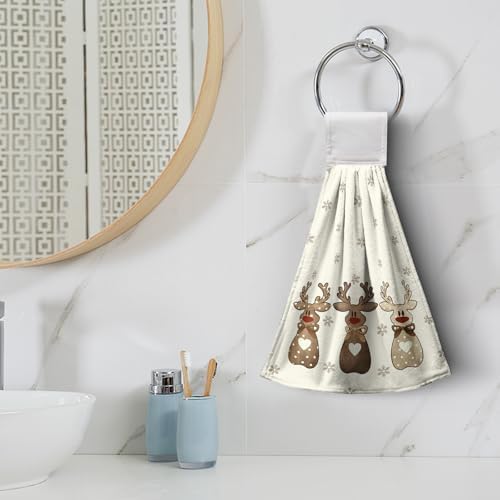 2 Pcs Christmas Reindeer Snowflakes Kitchen Towels with Hanging Loops Xmas Brown Elk Deer Hand Tie Towel Fast Drying Dish Cloth Soft Absorbent Hand Towel for Bathroom Kitchen