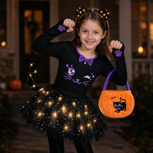 GIFTINBOX Halloween Black Cat Costume for Girls Kids, Light Up Outfit Set