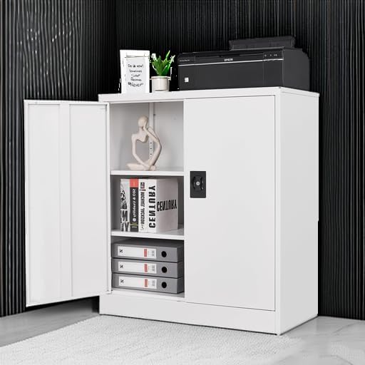 Metal Storage Cabinets with Lock Door,2 Adjustable Shelves Organizer Steel Storage Cabinets for Home,Office,Warehouse,Garage,Employee Lockers(White)