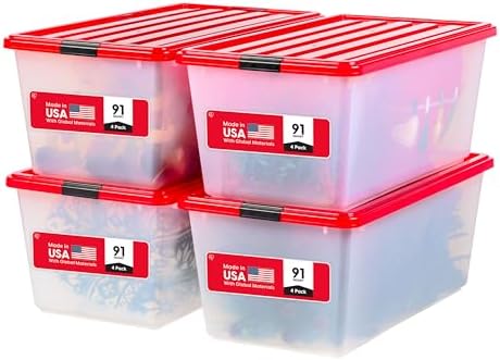 IRIS USA 4-Pack, 91 Qt. Holiday Storage Bin with Lids, Red