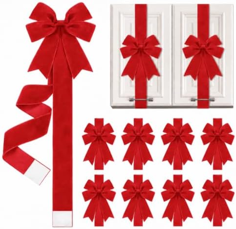 Daifunli 9 Pcs Bright Red Velvet Christmas Cabinet Bows Ribbons for Kitchen