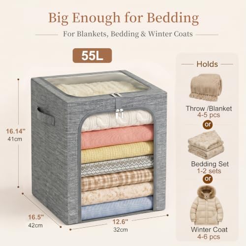 GoMaihe Blanket Storage Bins with Metal Frame for Closet, 55L 6-Pack Grey