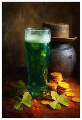 JDBeehpy St. Patrick's Day Green Beer Lucky Coins Still Life Fashion Minimalist (Unframed, Canvas Only) Canvas Wall Art Classic Irish Holiday Festival Aesthetic Pictures Farmhouse 20x30inch(50x75cm)