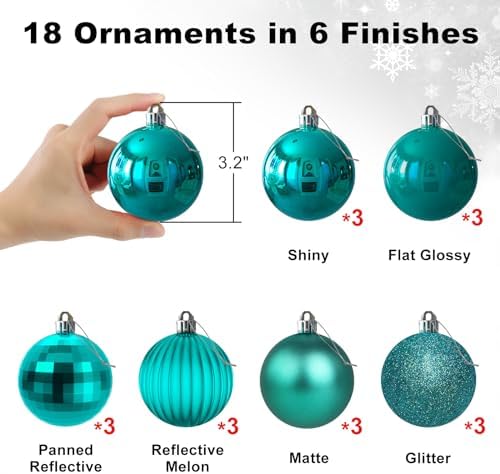 Teal 3.2" Large Christmas Balls - Christmas Tree Decoration Ornaments Shatterproof Hanging Balls for Birthday Halloween Holiday Wedding Decorations Set of 18pcs