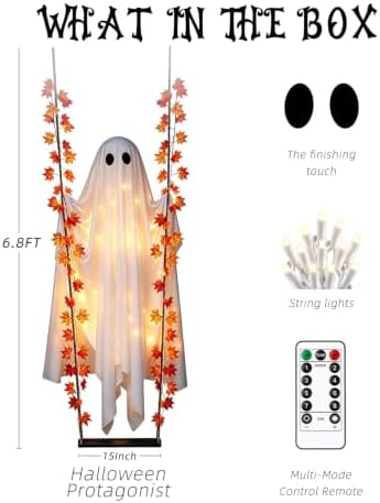 Large 6FT Halloween Swinging Ghost Decoration, Light Up Hanging Ghost