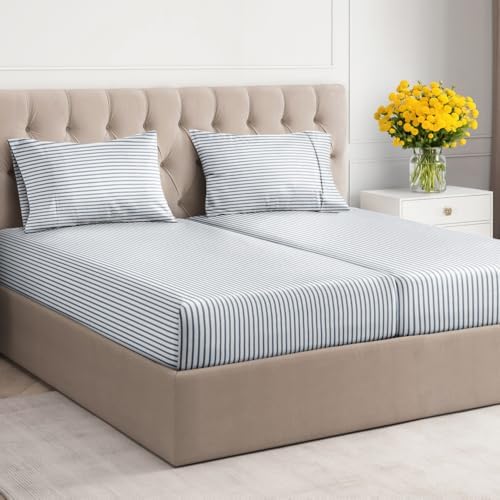 Split King 5 Piece Striped Sheet Set - Breathable & Cooling - Ocean Stripe
