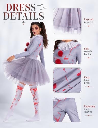 Women Halloween Scary Clown Costume with Bloody Tutu Dress and Face Gems