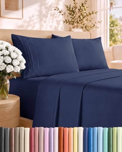 Queen Size 4 Piece Sheet Set - Breathable & Cooling Sheets - Navy Blue