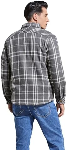 Men's Sherpa Cotton Flannel Shirt Jacket Plaid Button Coat Pocket