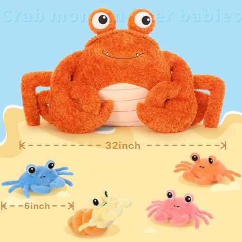 MorisMos Crab Stuffed Animal, 32" Large Mommy Crab with 4 Babies