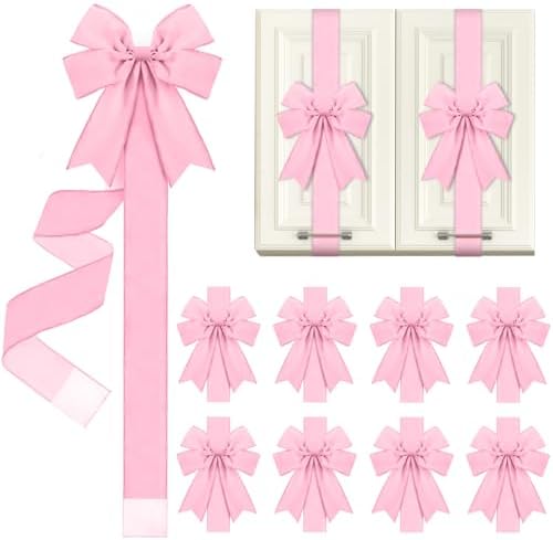 Daifunli 9 Pcs Pink Velvet Christmas Cabinet Bows Ribbons for Kitchen