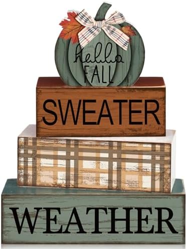 Moucuny 4 Pcs Fall Table Decor Neutral Sage Green Pumpkin Wooden Sign