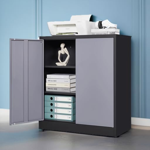 Metal Storage Cabinets with Lock Door,2 Adjustable Shelves Organizer Steel Storage Cabinets for Home,Office,Warehouse,Garage,Employee Lockers(Black Gray)
