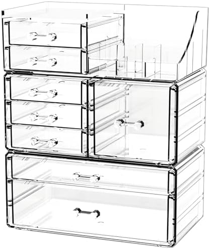 Acrylic Clear Makeup Organizer Countertop,Stackable Skincare Organizer for Vanity With 8 Drawers,Large Plastic Desk Accessories Organization,Bathroom Cosmetic Organizer Countertop for Beauty,Skin Care