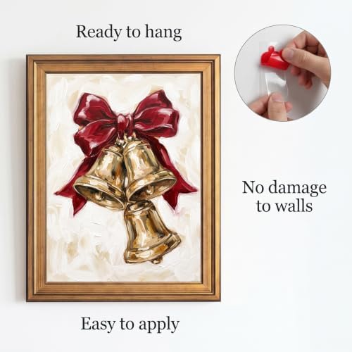 Framed Canvas Wall Art Expressive Painterly Vintage Gold Bells Red Satin Bow and Impasto Textures Canvas Print Poster Gold Frame Wall Decor for Living Room Holiday Decor, Christmas Gift - Inch 24x36