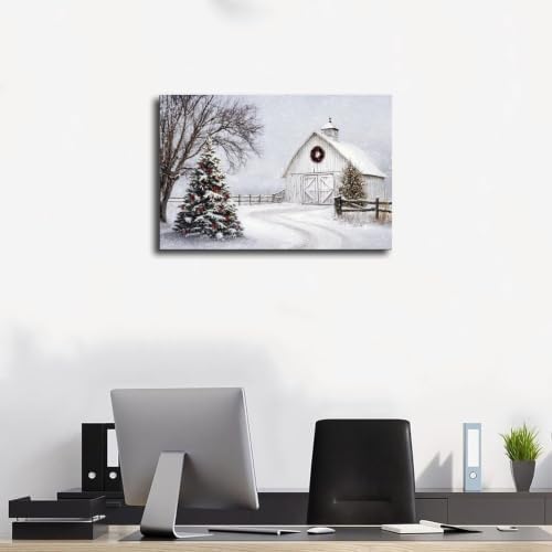 JDBeehpy Winter White Barn Christmas Tree Canvas Wall Art Framed 16x24inch