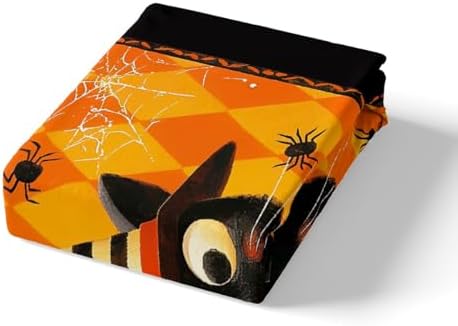 Cute Black Cat Sheet Set Kids Boys Girls Orange Pumpkin Fitted Sheets Set Full Size Square Grid Bedding Sheet Sets Includes 1 Flat Sheet,1 Fitted Sheet,2 Pillowcases