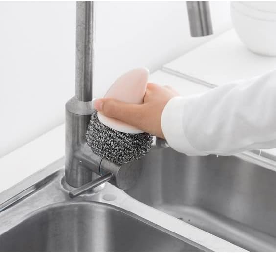 Steel Ball Pot Brush Cleaning Tableware Brush with Handle Stainless Steel Brush Pot Ball Kitchen Supplies(E)