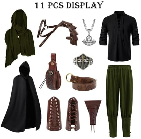 Akokvlar 10 Pcs Men Renaissance Costume Medieval Pirate Shirt Ankle Banded Pants Viking Outfit Set