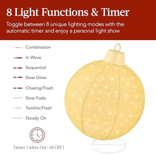 Best Choice Products 2pc Lighted Pop-Up Outdoor Christmas Ornament Set, Holiday Ball Decoration w/ 180 LED Lights, 8 Light Functions - Gold/White