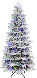 YUNKE 8FT Prelit Flocked Christmas Tree with Fluffy Tips & 9 Lighting Modes