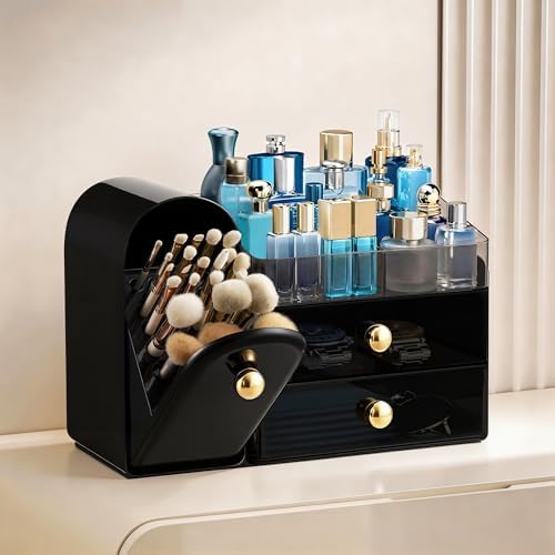 HBlife Makeup Organizer Countertop with Drawers, Cologne Organizer for Men, Vanity Organizers with Brush Holder, Bathroom Countertop Organizer Skin Care Storage, Gift for Dad Husband, Black and Gold