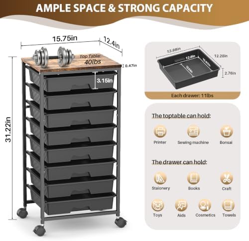 Goovilla Rolling Cart with 8 Drawers for Art, Dorm, Office, Craft, Black