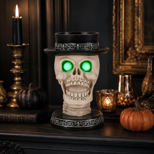Halloween Candle Holder with Glowing Green Eyes - Gothic Skeleton Statue