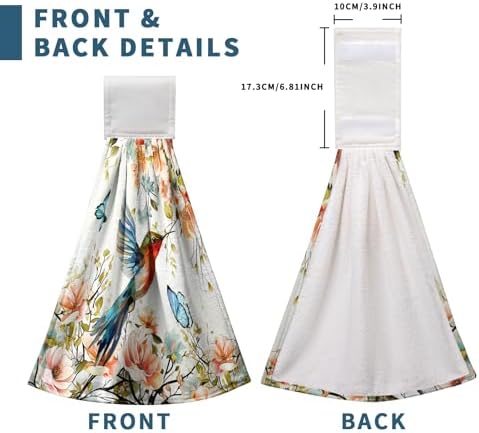 Floral Birds Hand Towels with Hanging Loops Garden Watercolor Floral Hummingbird Butterfly Hanging Kitchen Towels Set of 2 Spring Summer Soft Absorbent Bath Tie Towel Oven Stove Dish Washcloths