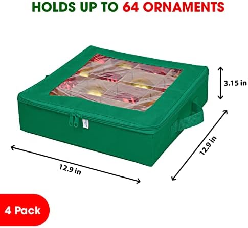 ProPik 4 Pcs Christmas Ornament Storage Boxes with Dividers | 4 Individual Trays Hold 64 Holiday Decoration Balls | Durable Ornaments Organizer Storage Box | Zippered Closure with Handles (Green)