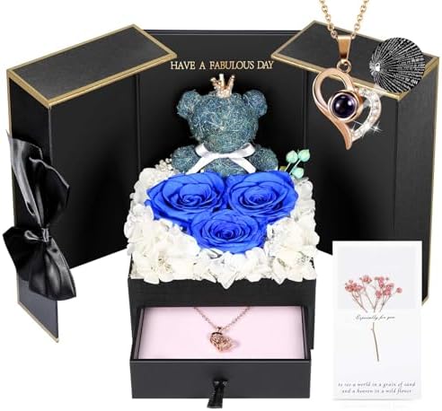 ADDWel Preserved Blue Rose & I Love You Necklace in 100 Languages, Romantic Gift for Wife, Girlfriend, Mom, Grandma on Valentine's Day, Birthday Anniversary