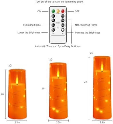 kakoya Flameless LED Candles with Timer 9 Pc Flickering Flameless Candles for Romantic Ambiance and Home Decoration Stable Acrylic Shell,with Embedded Star String，Battery Operated Candles（Orange）