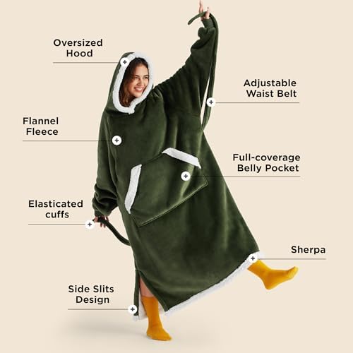 Bedsure Wearable Blanket Hoodie, Long Hooded Blanket Sweatshirt as Mothers Day Gifts for Mom, Cozy Sherpa Hoodie for Adult, Small, Olive Green