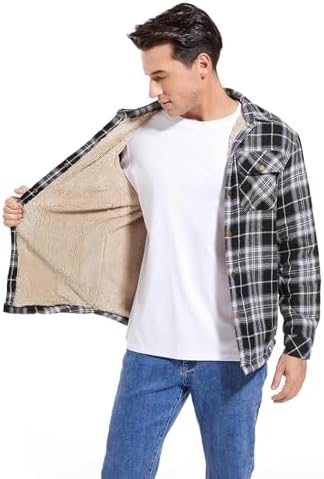 Men's Sherpa Cotton Flannel Shirt Jacket Plaid Button Coat Pocket